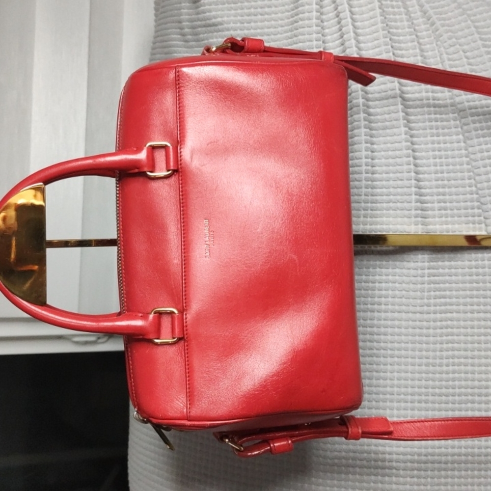 Authentic SAINT LAURENT Baby duffle 2way Shoulder hand Bag leather red